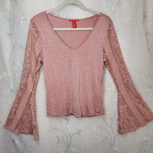 Pink V-neck Blouse with Flared Lace Long Sleeves